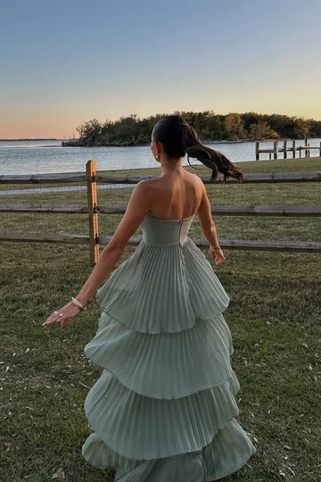 Vintage Chiffon A-Line Sweetheart Pleated Long Party Prom Dress Evening Dress HZ1023